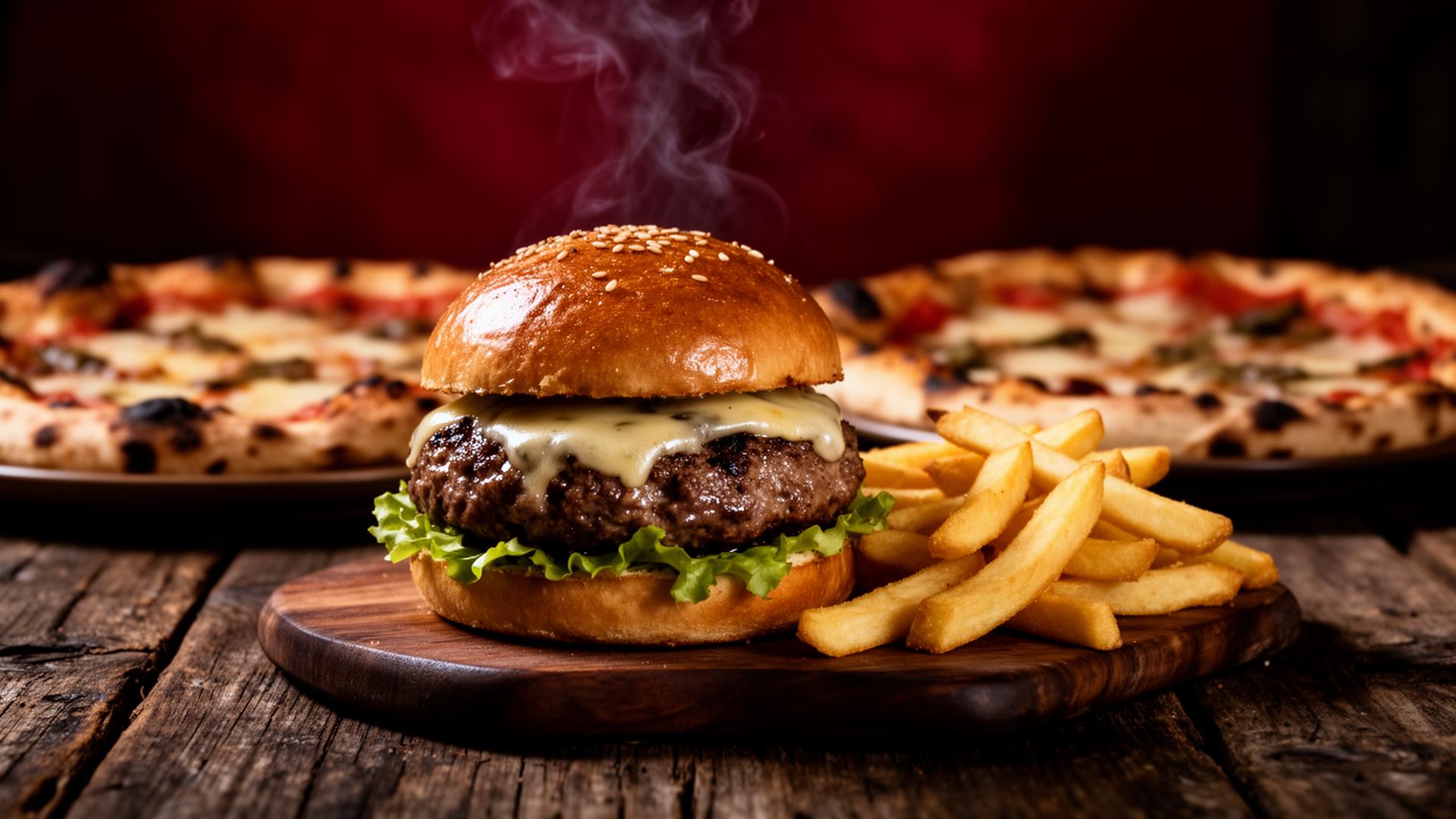 Kitchen III hand-formed burger with golden fries and wood-fired pizza